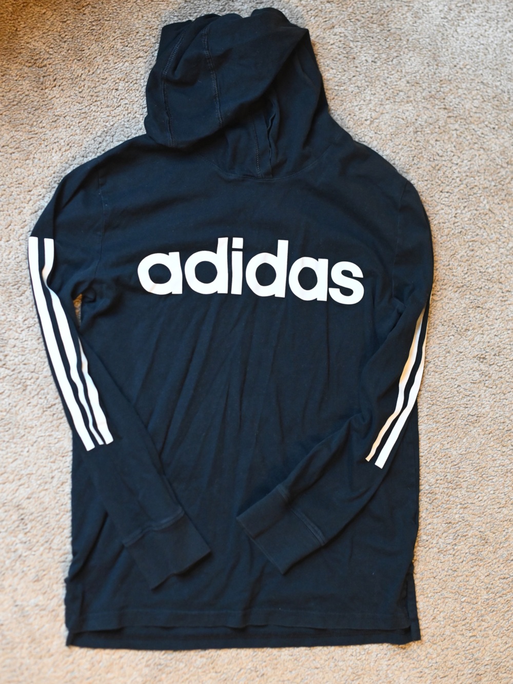 adidas Black Lightweight Hoodie with White Logo and Sleeve Stripes